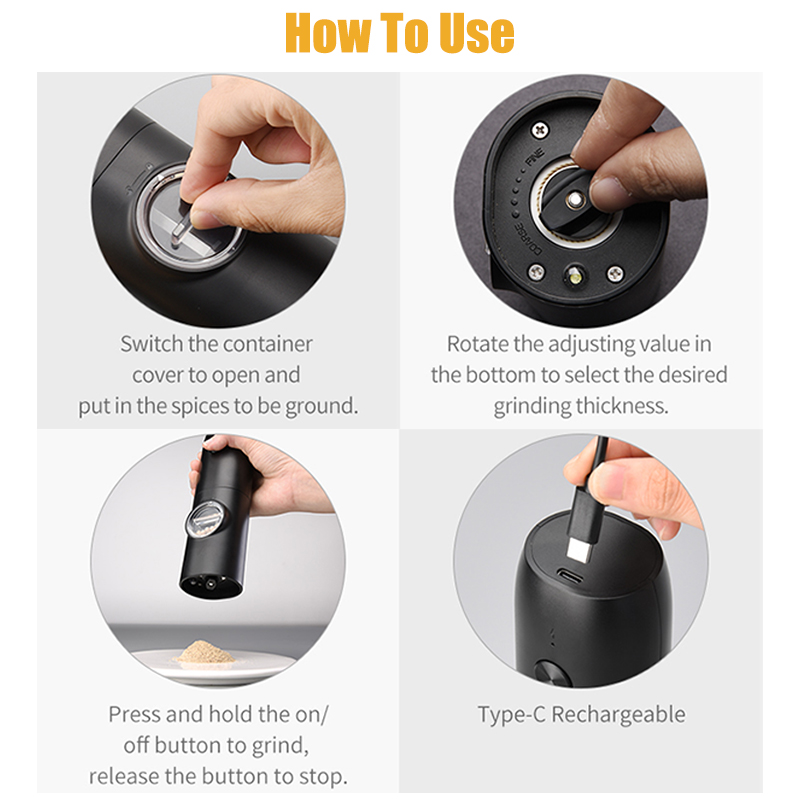 Gravity Induction Stainless Steel Rechargeable Electric Black Pepper Grinder