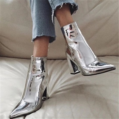 Patent Leather Pointed Toe Block Heel High Heel Zip-Up Rider Boots