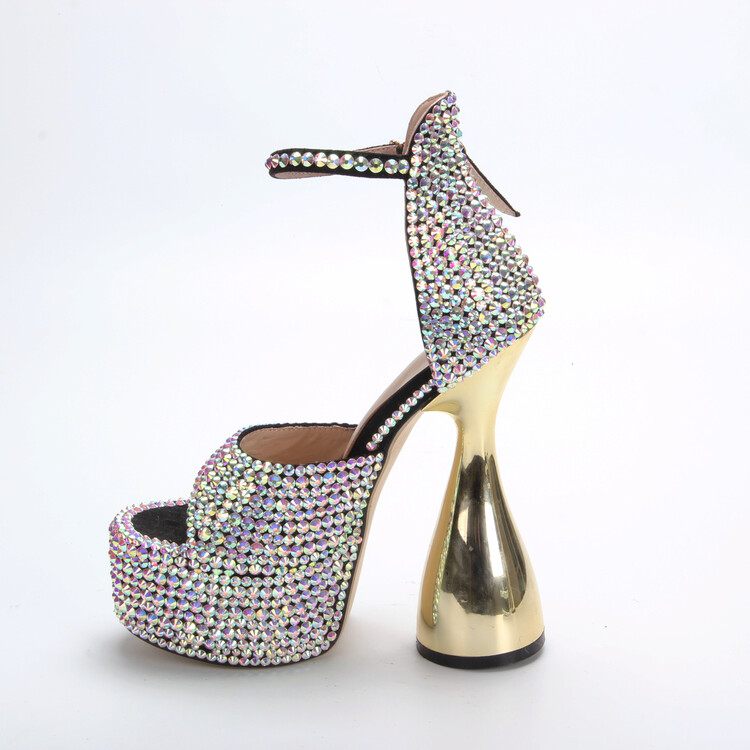 Summer 15cm Super High Heel Full Diamond Open Toe Sandals Banquet Performance Thick Heel Waterproof Platform Rhinestone Women's Shoes image 3