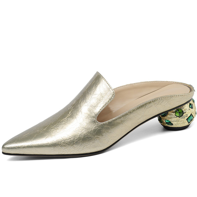 Women Thick Heels Arrival Rhinestone Pointed Toe Genuine Leather Slippers Mules Summer Crystal Sandals Shoes Woman