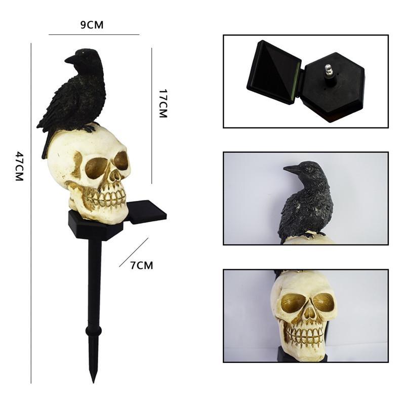 Illuminate your outdoor space with the daring Raven on Skull Solar Yard Lighting. This striking light features a raven perched atop a skull, casting an eerie glow powered by solar energy.