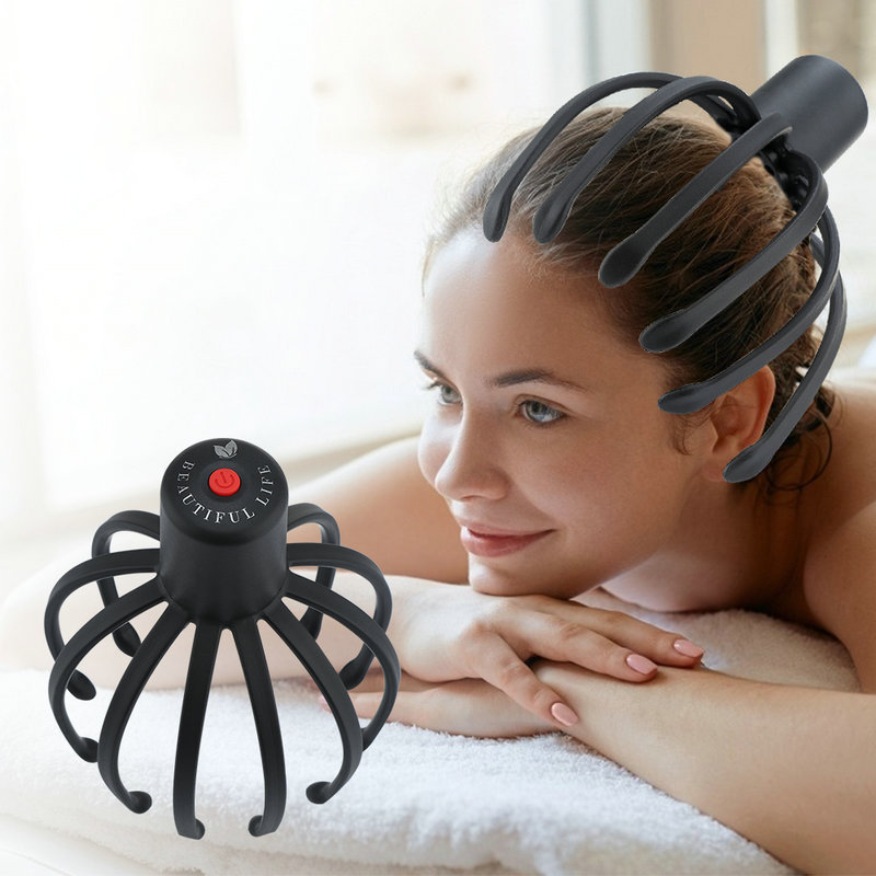 Woman lying peacefully on white towel as the massager works through her hair