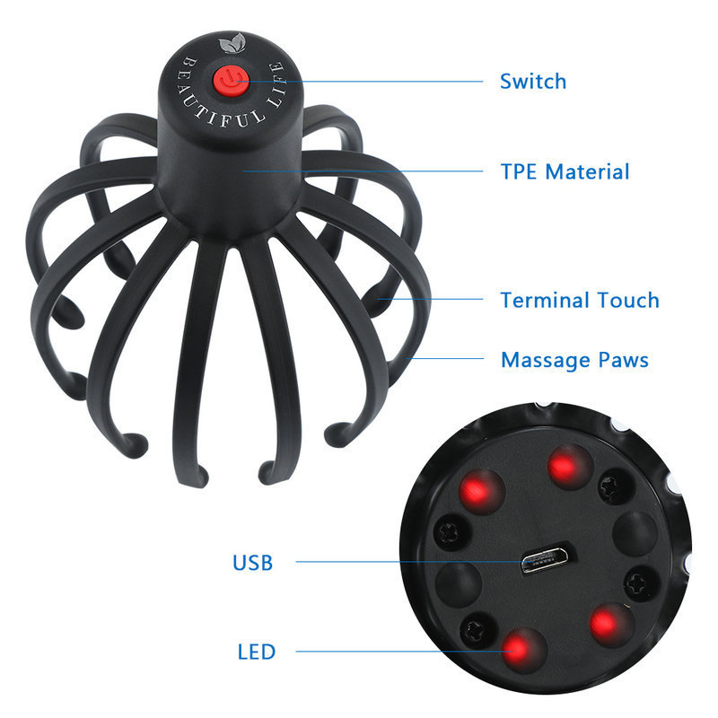Labeled diagram showing eight claws, LED nodes, and pressure point targeting