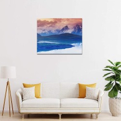 Frame Canvas Print 20x16 inch hanging on wall, featuring a vibrant blue and orange landscape painting.