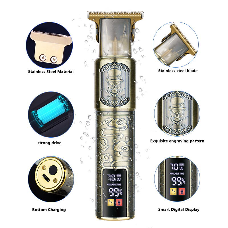 LCD battery display on engraved gold hair clipper