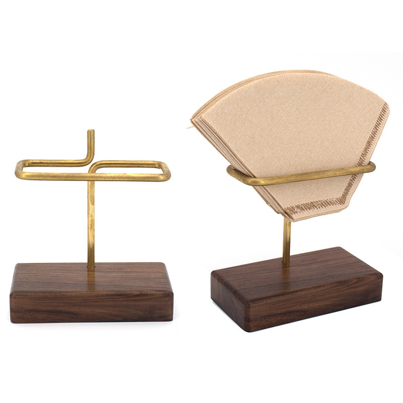 Hand Brewed Coffee Filter Paper Holder Black Walnut Base Fan-Shaped V60 Filter Paper Brass Bracket Desktop Shelf