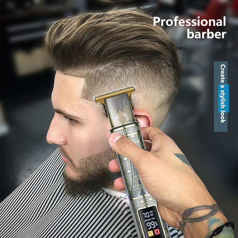 Barber using cordless gold clipper on temple fade