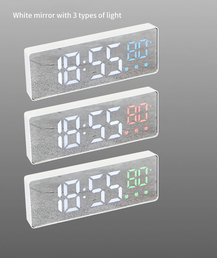 White mirror with 3 Light Color mini alarm clock