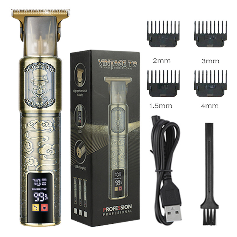 Four guide combs arranged beside gold T9 clipper