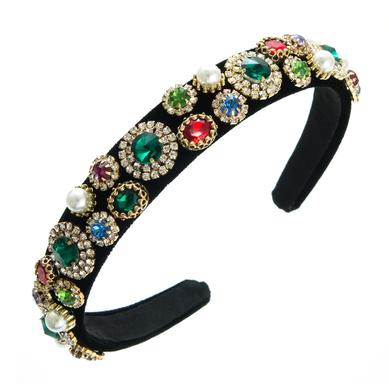 Complete black velvet Baroque headband with wide embellished front
