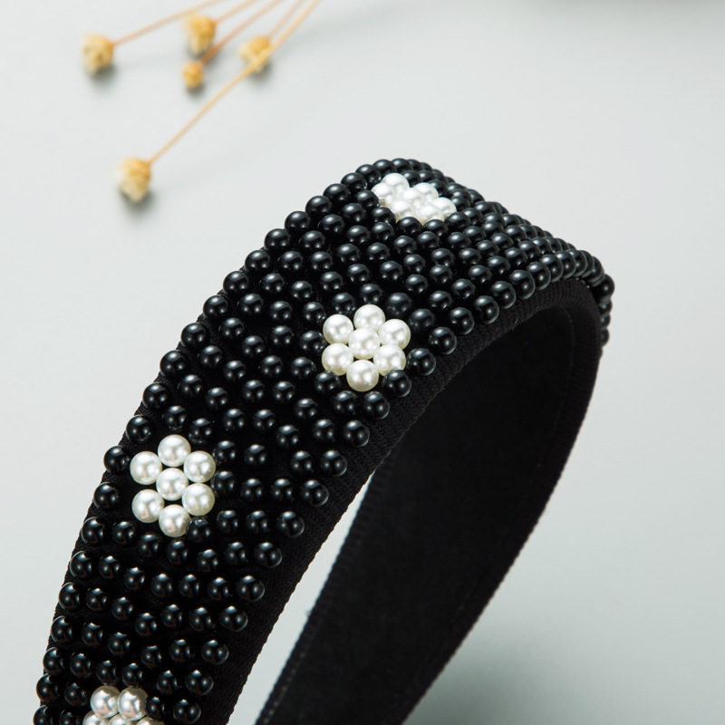 Black pearl headband with ivory floral bead clusters