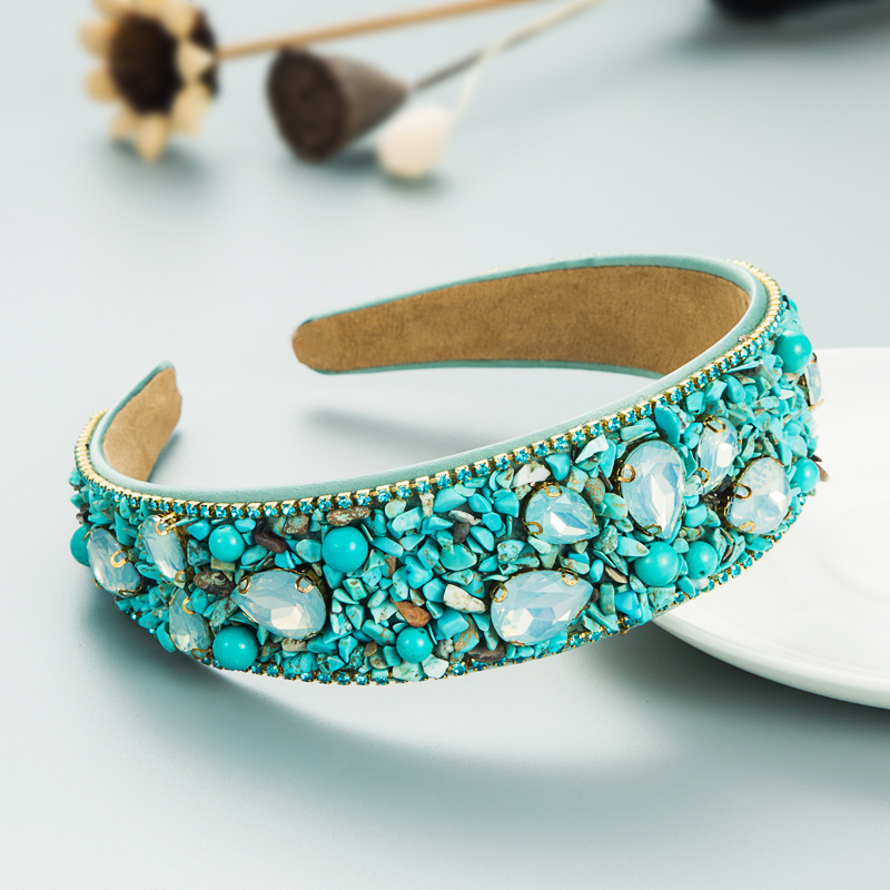Turquoise headband showing faceted stones pearl accents and trim