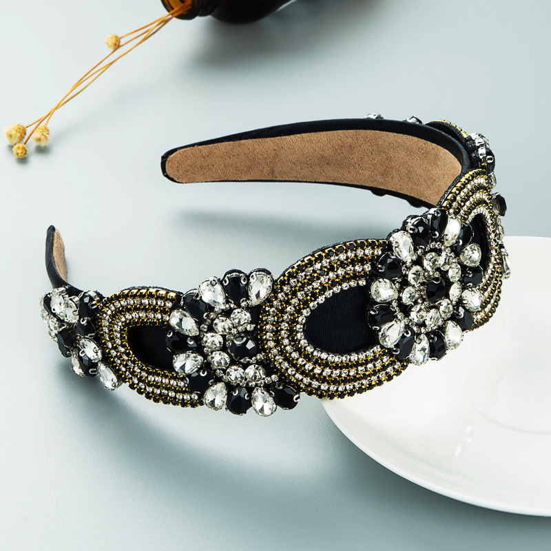Black headband showing dense bead and rhinestone sparkle