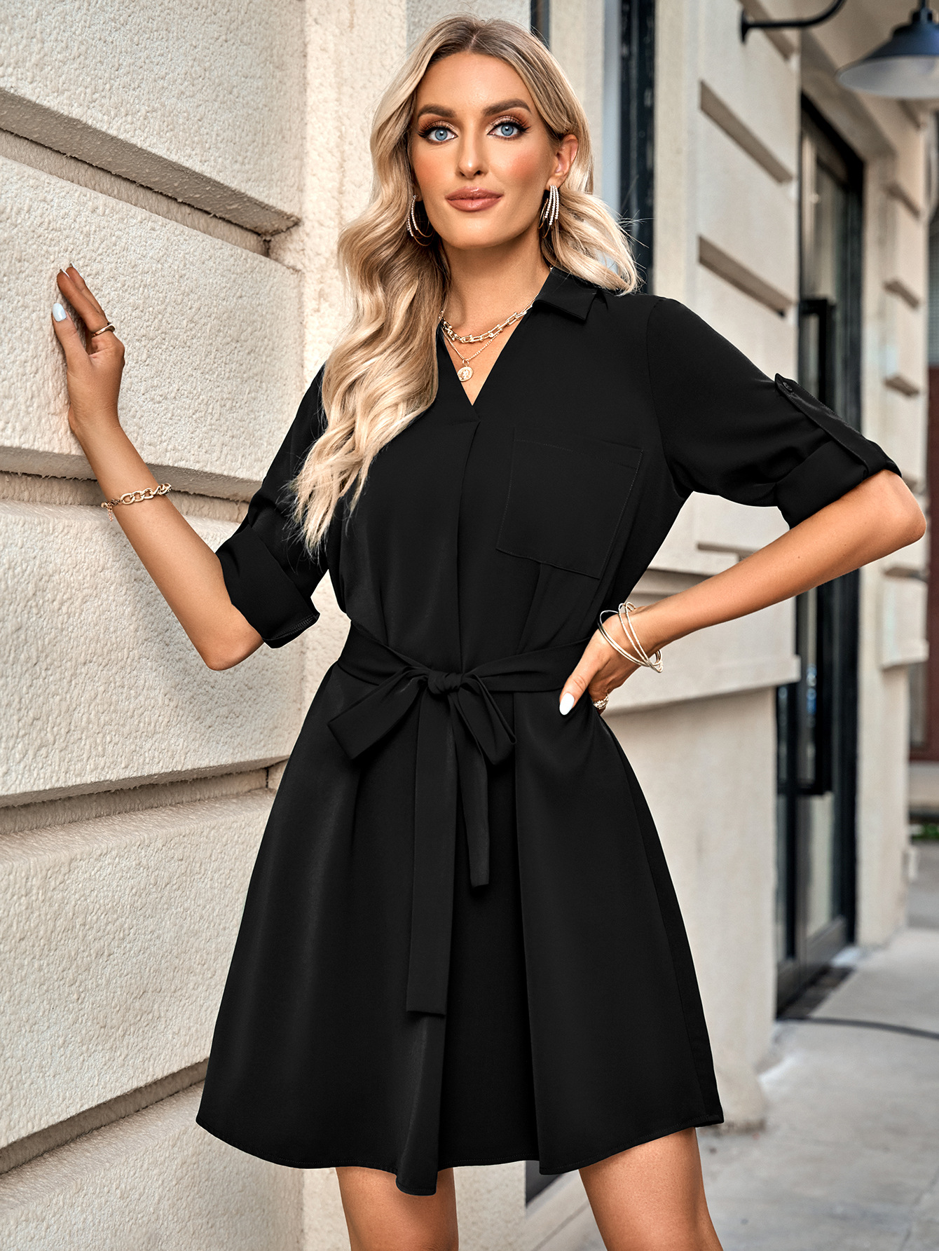 Spring and Summer New Women's Fashion Solid Collar Half Sleeve Belt Dress