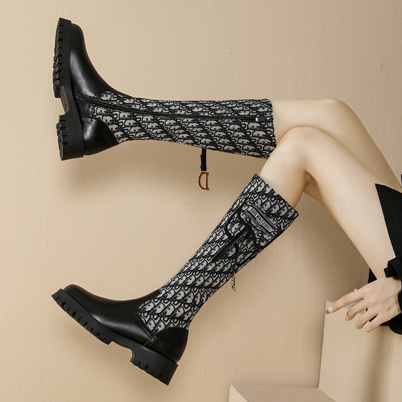 Knee Length Boots For Women's New Thick Soled Chelsea Boots Show Thin And Tall Cavalry With Flat
