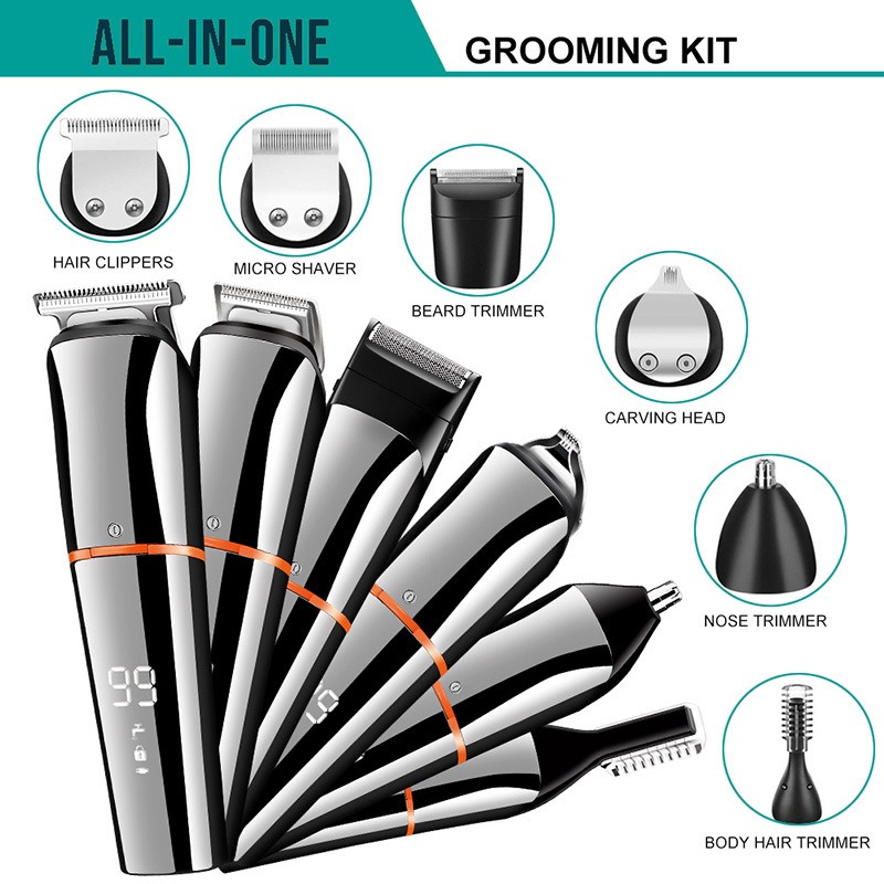 All-in-one grooming kit functions and accessories graphic