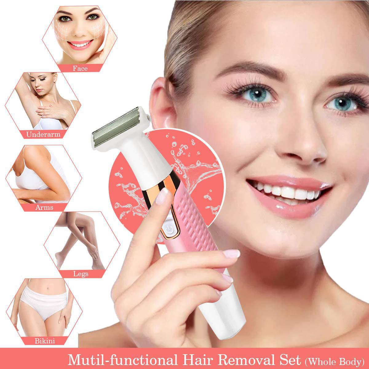 Woman holding electric shaver beside facial and body grooming areas