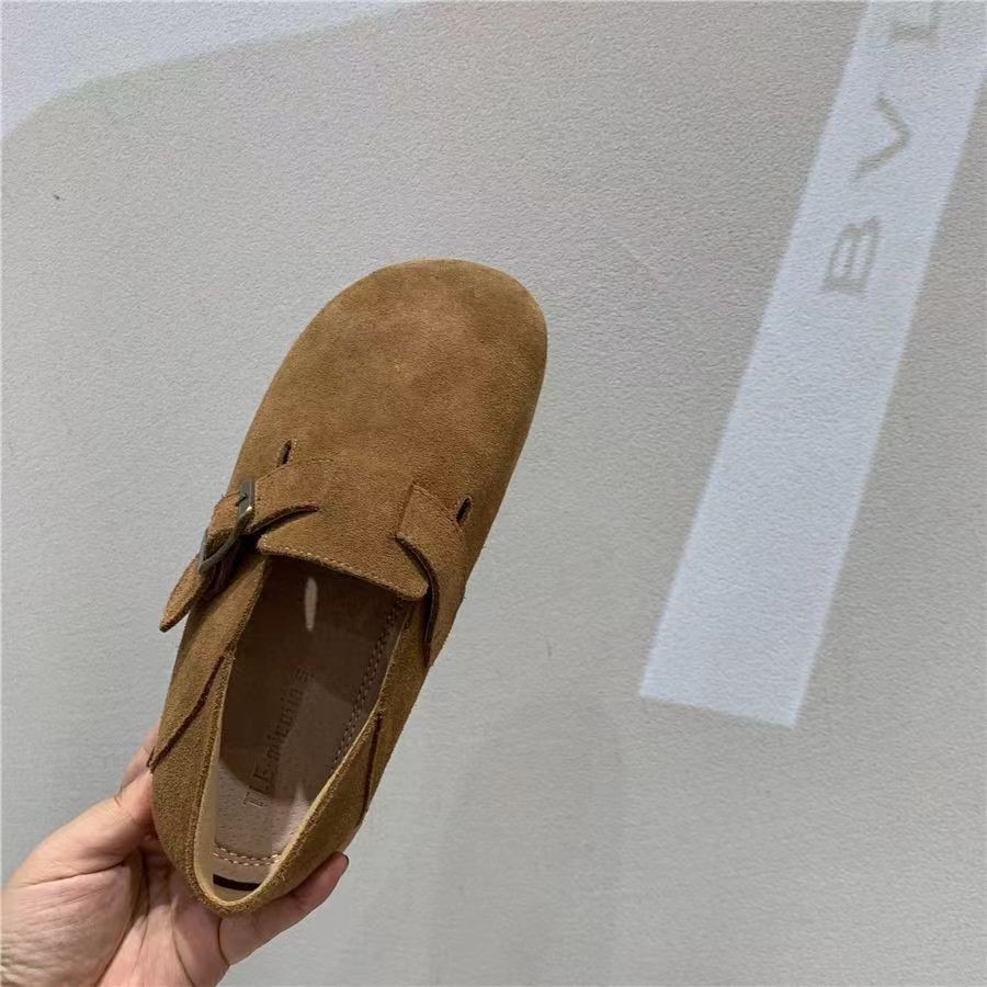 Khaki Flat Shoes French Retro Single Shoes Boken Shoes Spring Women's Shoes