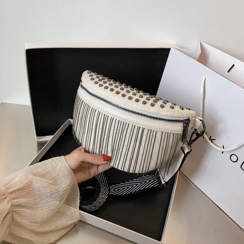 Cross Body Rivet Casual Shoulder Bag Fashion Korean Wide Shoulder Strap Chest Bag Tassel Women's Bag