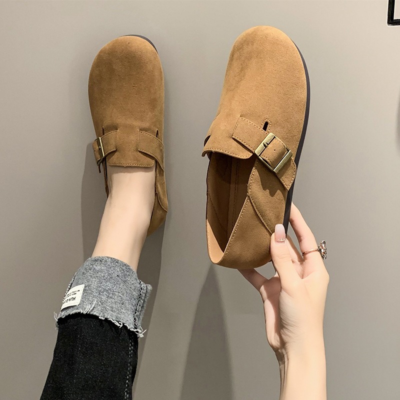 Khaki Flat Shoes French Retro Single Shoes Boken Shoes Spring Women's Shoes