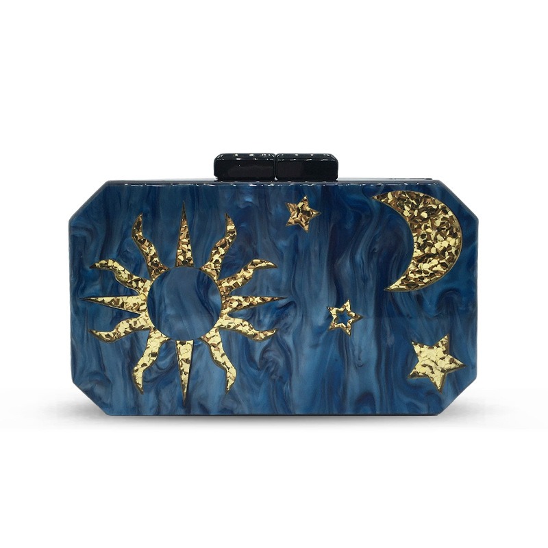Product Women's Dark Blue Acrylic Handbag Fashion Star Moon Octagon Dinner Bag Wedding Party Dress