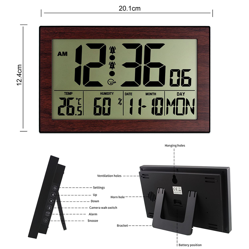 Digital clock displaying time, temperature, humidity, and date.