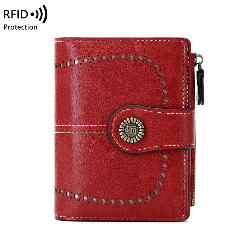 RFID Wallet Women's Short Card Bag Wax Leather Zero Wallet Fashion Buckle Zipper