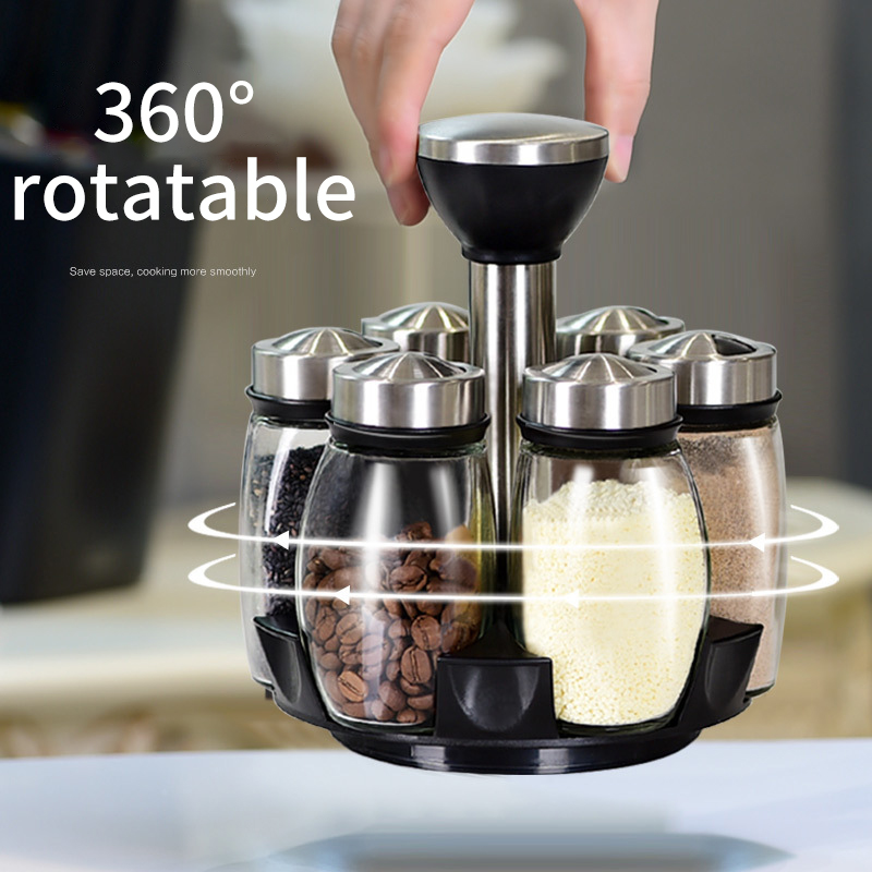 Kitchen Household Spice Box Set Seasoning Jar Creative Rotation Seasoning Bottle Condiment Box Glass Spice Bottle Jar