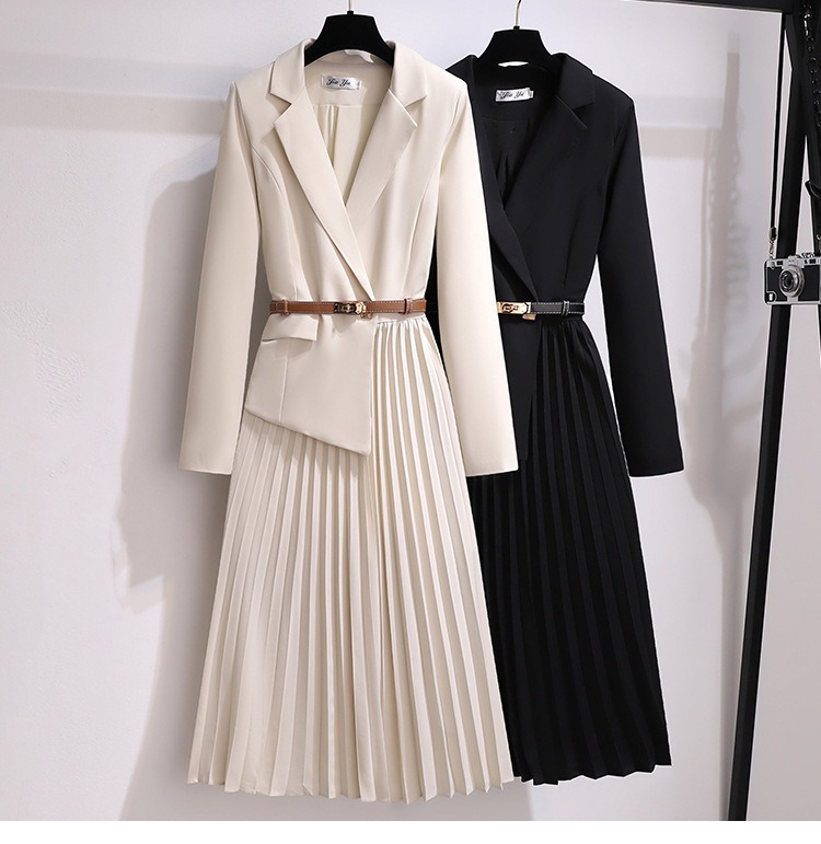Temperament Autumn And Winter Dresses New Suit Jacket Waist Thin Splicing Pleated Skirt Suit 1072