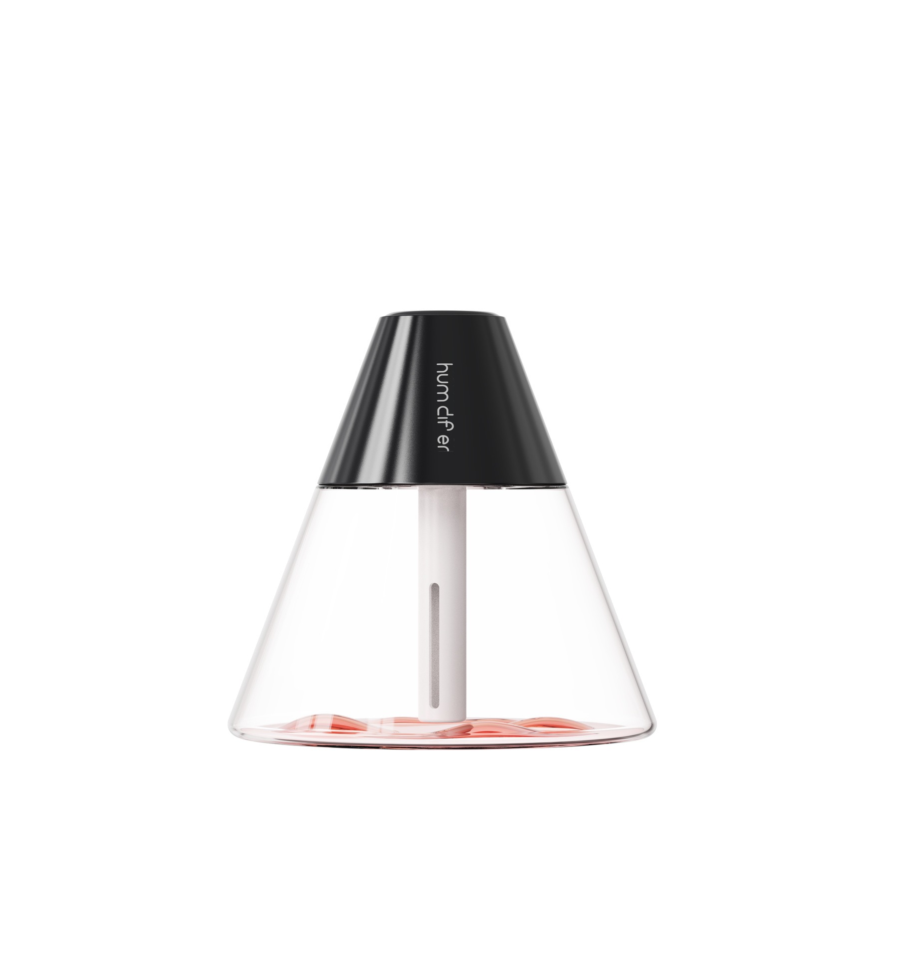 Volcano humidifier with matte cap and clear geometric reservoir on white backdrop, reflecting minimalist aesthetic