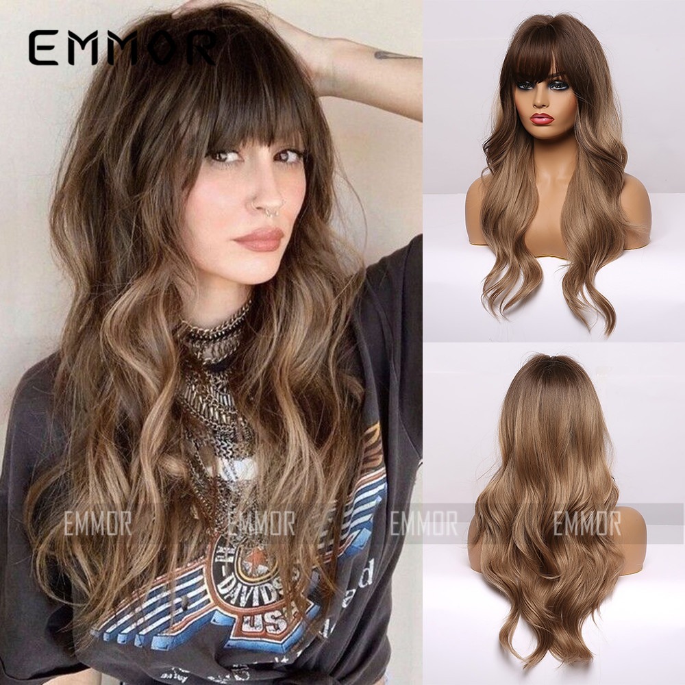 Highlighted brunette wig with bangs and long curls