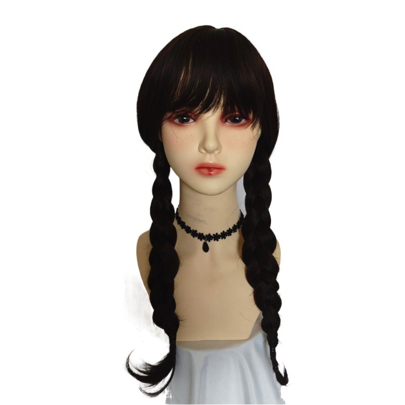 Black wig with rounded bob and full side bangs