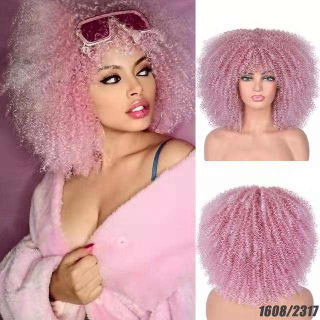 Pink afro wig showing full front and back coverage