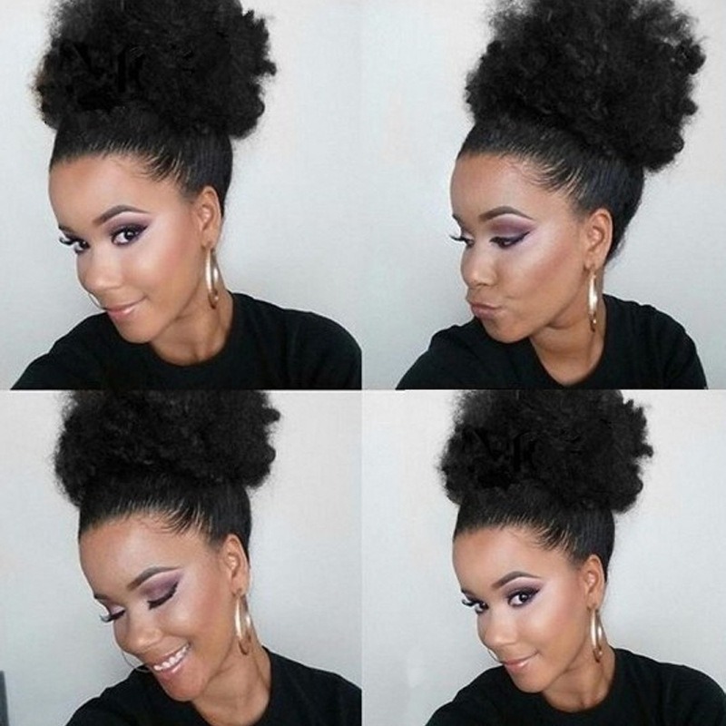 Black afro puff shown in several finished styles