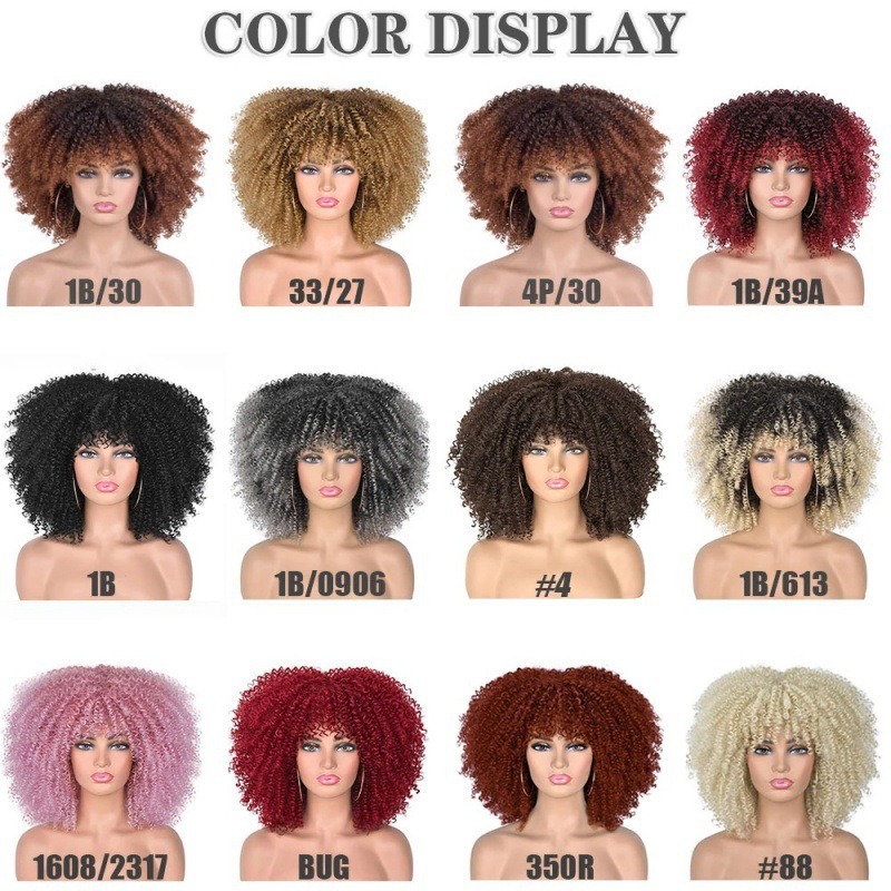 Twelve mannequin wigs showing varied available colors