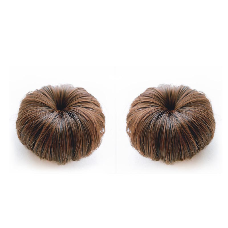 Two textured brown faux-hair bun pieces