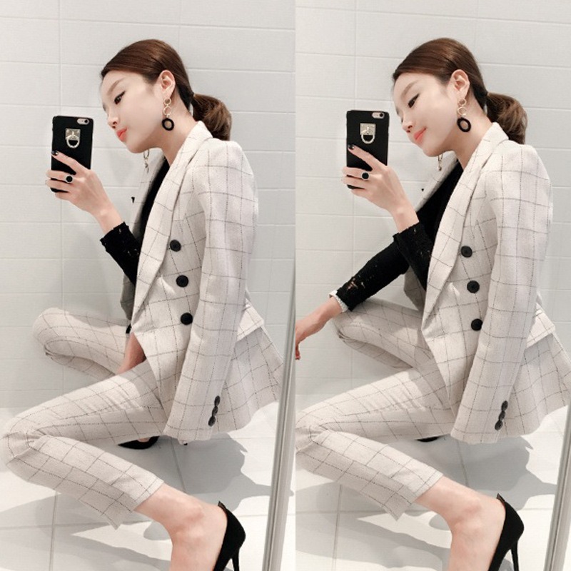 Spring And Autumn Women's Korean Double-Breasted Slim Suit Ladies Plaid Career Suit Small Jacket