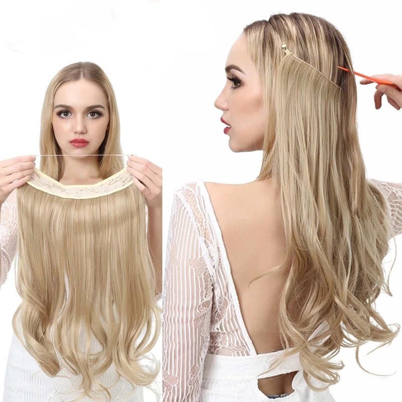 Before and after blonde wavy hair extension styling