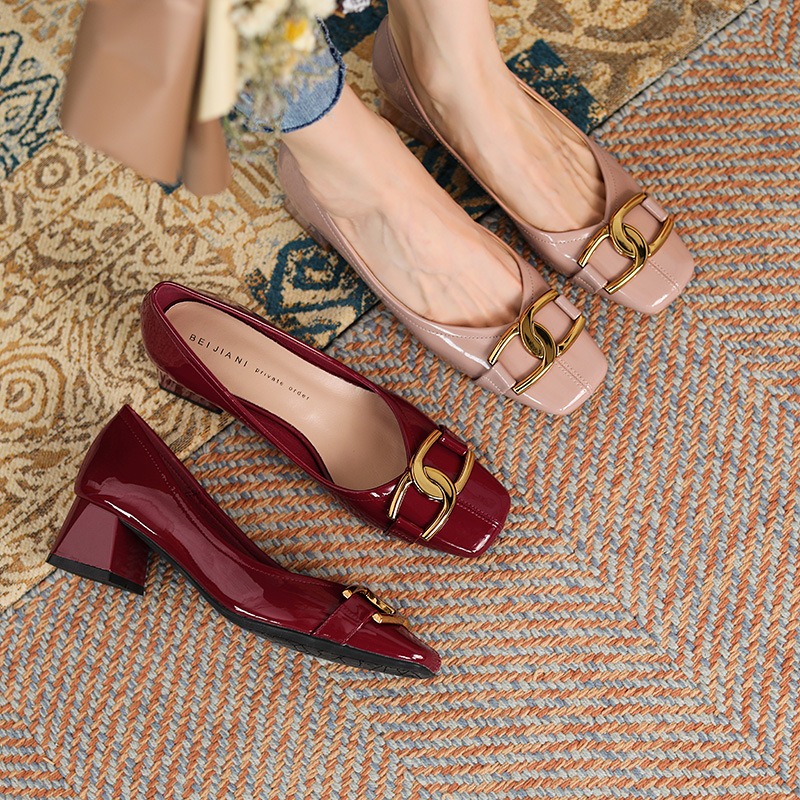 332-8 Sheepskin Square Head High Heels Ladies Thick With French Retro Patent Leather Metal Autumn