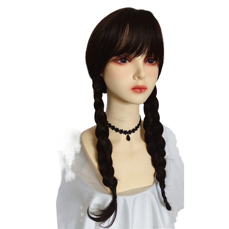 Glossy black wig styled with gothic costume outfit
