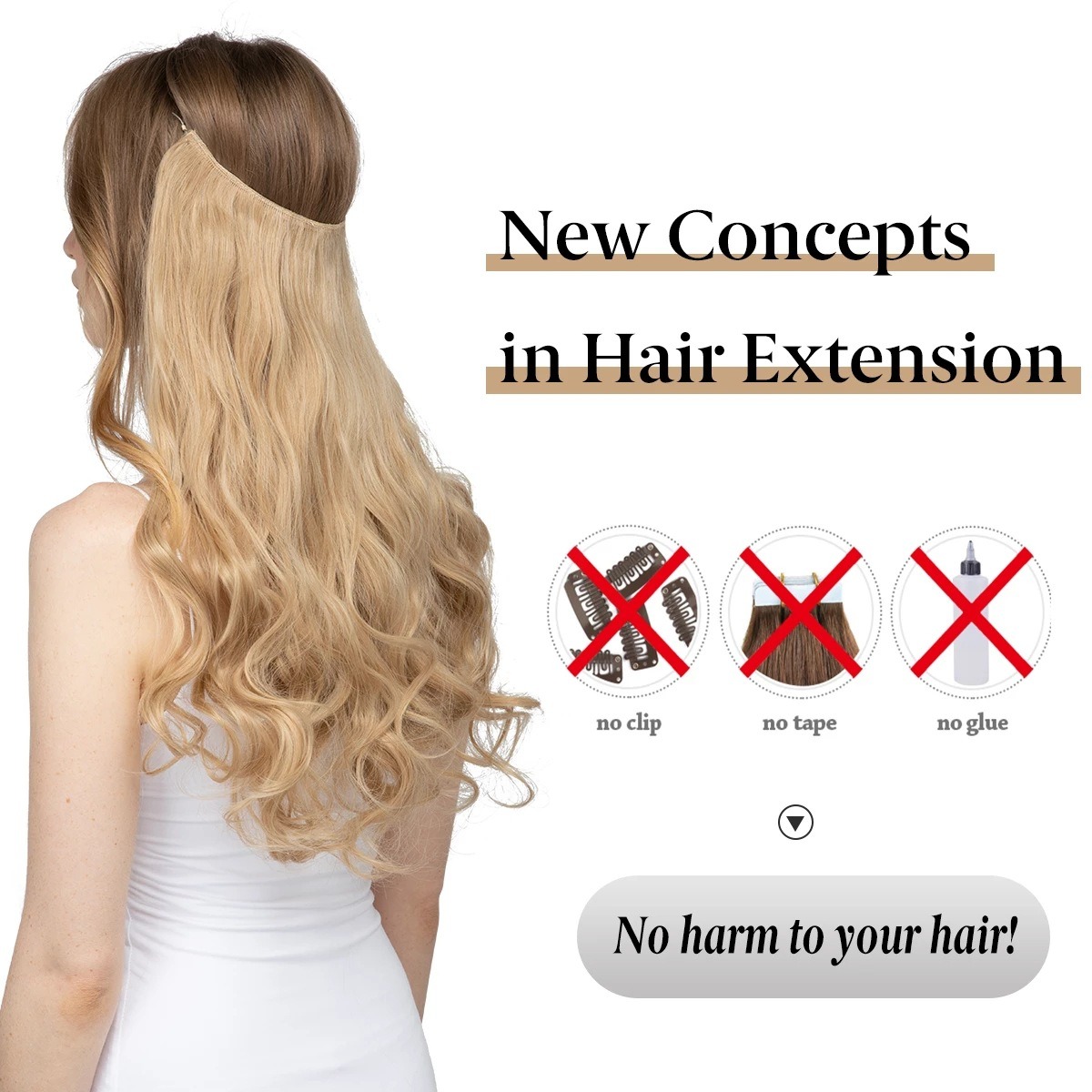 Rear view of long blonde wavy hair piece