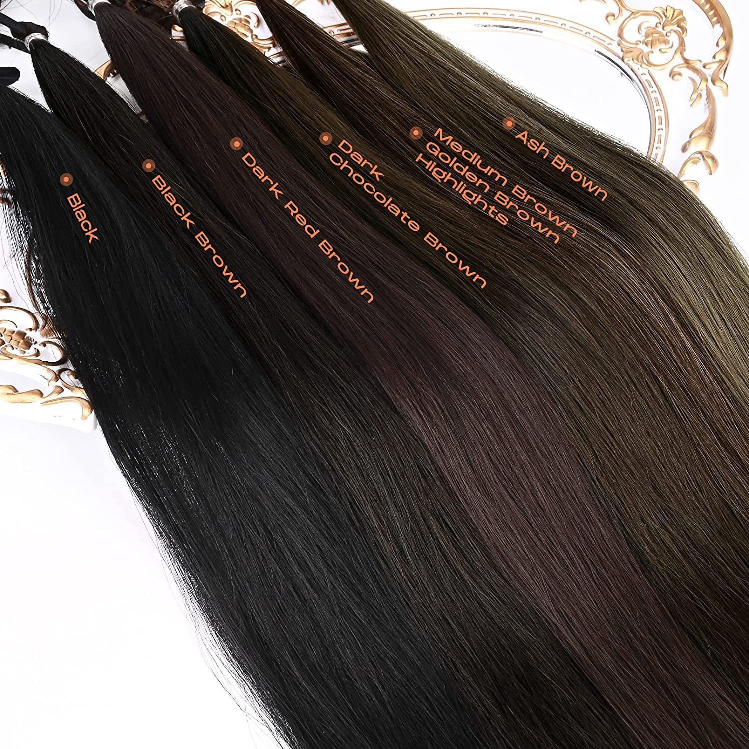 Natural black and brown synthetic hair shade swatches