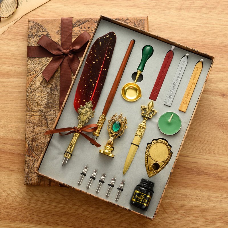 Antique Feather Dip Pen Kit Retro Wooden Dip Pen Set Luxury Fountain Pen Set Classic Wax Seal Stamp