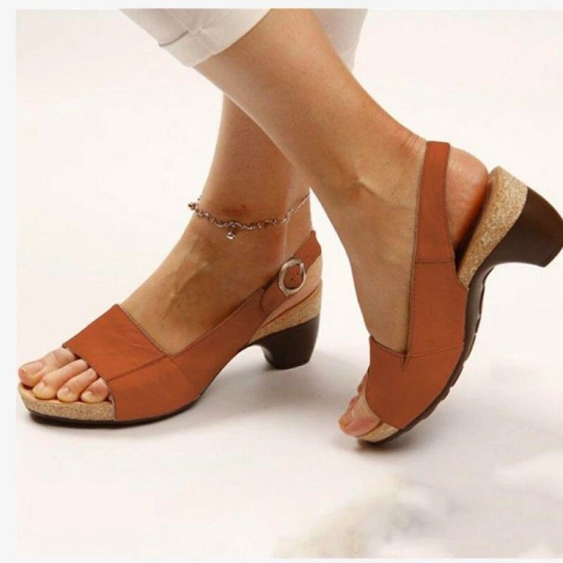 Summer Medium Heel Thick Bottom Buckle Fish Mouth Sandals Womens Large Heels