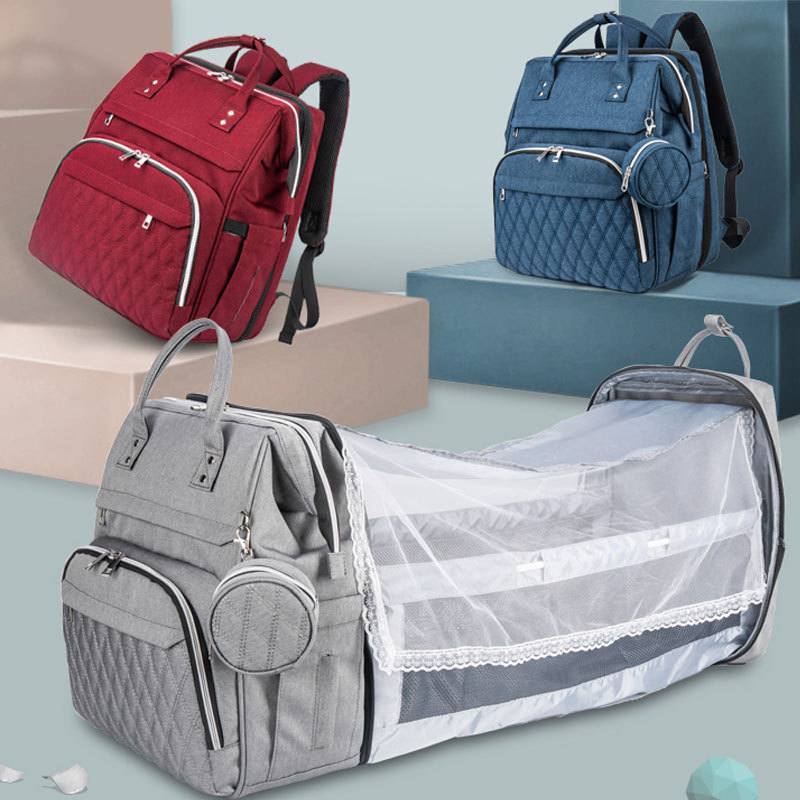 Embroidered Multi Function Outdoor Mommy Bag Leisure Foldable Baby Bed Fashion Double Shoulder