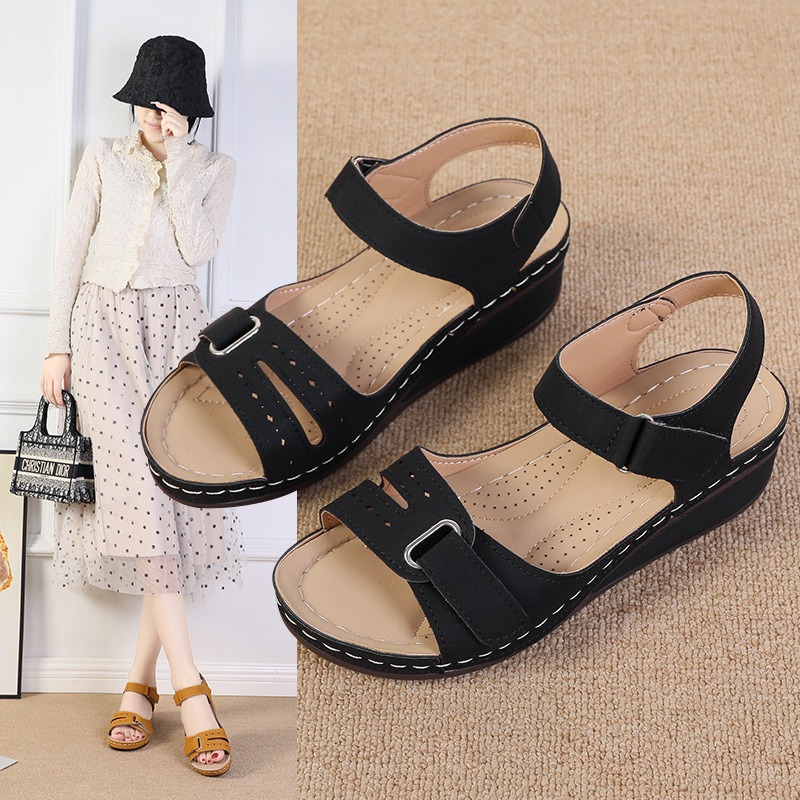 Type Sandals Womens Flat Bottom Velcro Fish Mouth Thick Bottom Large Slip On Sandals