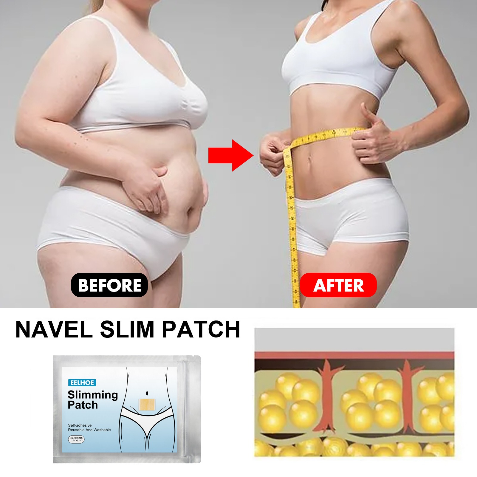 Compact slimming patch pouch beside body shaping graphic