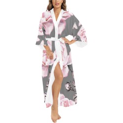 Long Kimono Robe with floral print, grey background, white belt and trim, perfect for home wear.