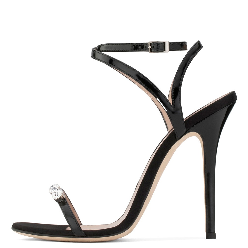 European and American Womens Black One Line With Rhinestone Heels And Sandals, Dinner Shoes, Chengdu