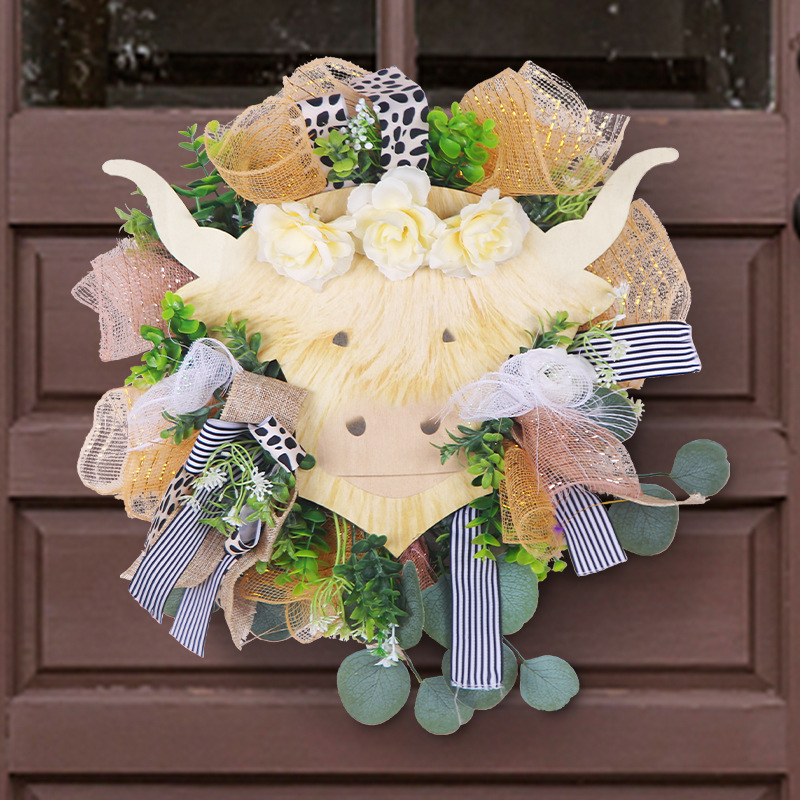 Highland Cow wreath pendant, holiday home decoration, spring decoration, wreath, courtyard door